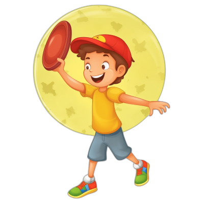 A boy with a red cap and yellow t-shirt playing frisbee cartoon vector, clip art for PowerPoint with a black background and a full moon in the sky.