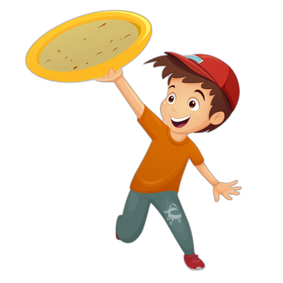 A cartoon boy holding up an Indian flatbread in his hand, he is smiling and wearing a red cap on his head, flying a frisbee with a black background, in the style of vector illustration.