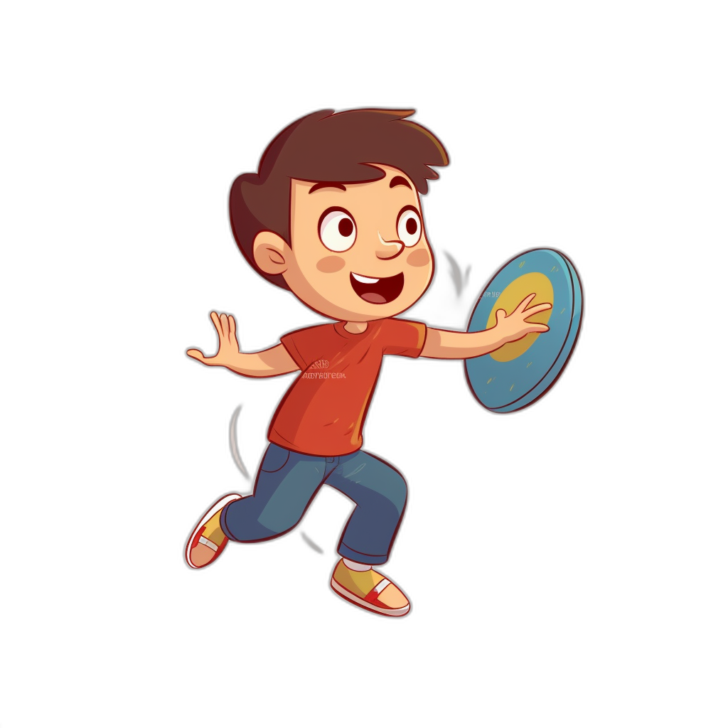 A cartoon boy is playing frisbee with a happy expression in the style of a vector illustration on a black background.