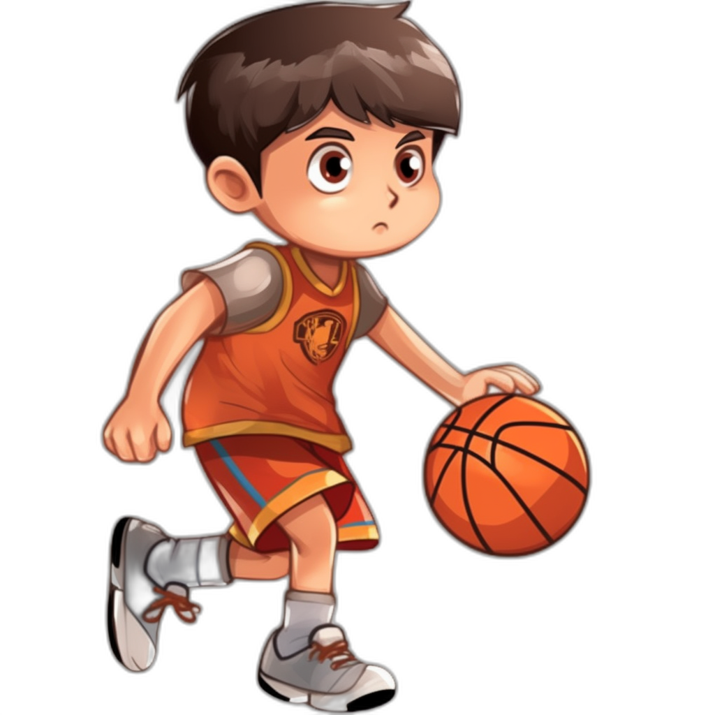 A cute little boy playing basketball, wearing an orange and red jersey with the number one on it, is dribbling in front of him. He has short brown hair and wears white sneakers that fit well on his feet. The background color should be black to highlight the colors. This cartoon character design style will make him look very young but full of energy in the style of .