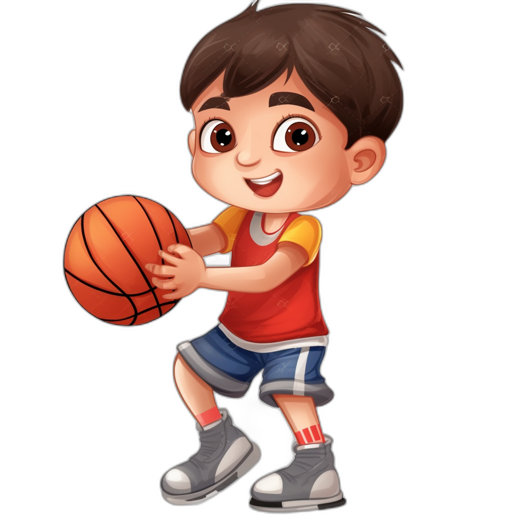 A cute cartoon boy playing basketball in a vector illustration style with a black background and white shoes. He is wearing a red T-shirt and blue shorts, holding the ball in his hand while smiling. The overall color scheme of his brown hair should be bright and lively. This character has clear facial features, giving people an interesting feeling.