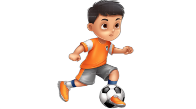 Cute cartoon character of an Asian boy playing football, wearing an orange and white short-sleeved T-shirt with grey shorts underneath. He is running after the ball on his feet in the style of Disney Pixar, with a black background.