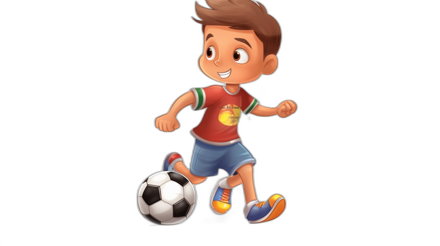 Cartoon style, cute boy playing soccer on black background, character design for game icon with solid color background, character full body in the center of frame, short brown hair and red t-shirt, blue shorts, white sneakers, ball flying towards him, playful expression, vibrant colors, high resolution, detailed textures