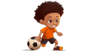 Cute cartoon character of an African American boy playing soccer, wearing orange t-shirt and black shorts with brown shoes. Black background. Pixar style.