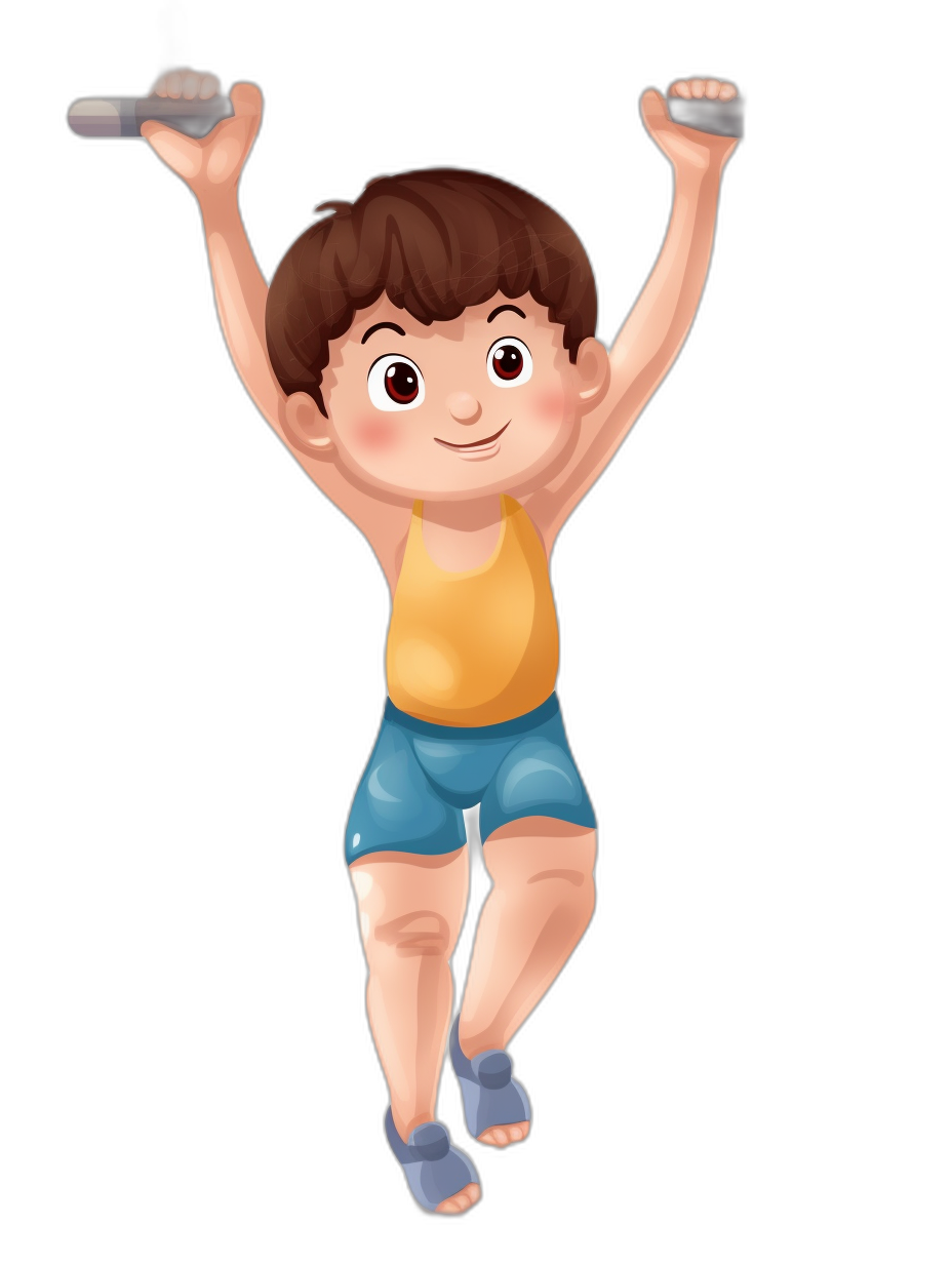 A cartoon boy is doing pull-ups with his hands raised up, wearing blue shorts and a yellow tank top in a full body shot against a black background in the style of a cute illustration design for kids.