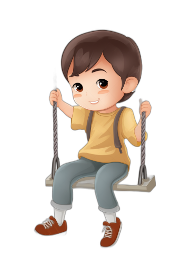 A cute cartoon boy sitting on the swing, with simple facial features and a flat illustration style on a black background. He is wearing yellow short sleeves and blue jeans. The brown hair is slightly curly at the top but straighter below his shoulders. He has big eyes and wears red shoes, smiling happily while swinging from one rope to another. High resolution, high quality, professional vector design. Full body portrait in the style of a flat illustration.