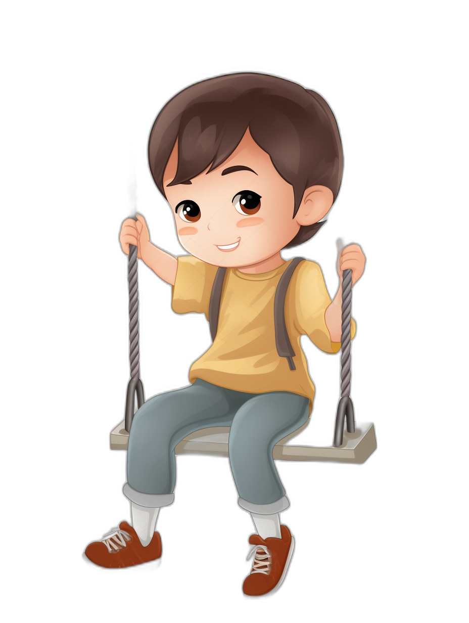 A cute cartoon boy sitting on the swing, with simple facial features and a flat illustration style on a black background. He is wearing yellow short sleeves and blue jeans. The brown hair is slightly curly at the top but straighter below his shoulders. He has big eyes and wears red shoes, smiling happily while swinging from one rope to another. High resolution, high quality, professional vector design. Full body portrait in the style of a flat illustration.