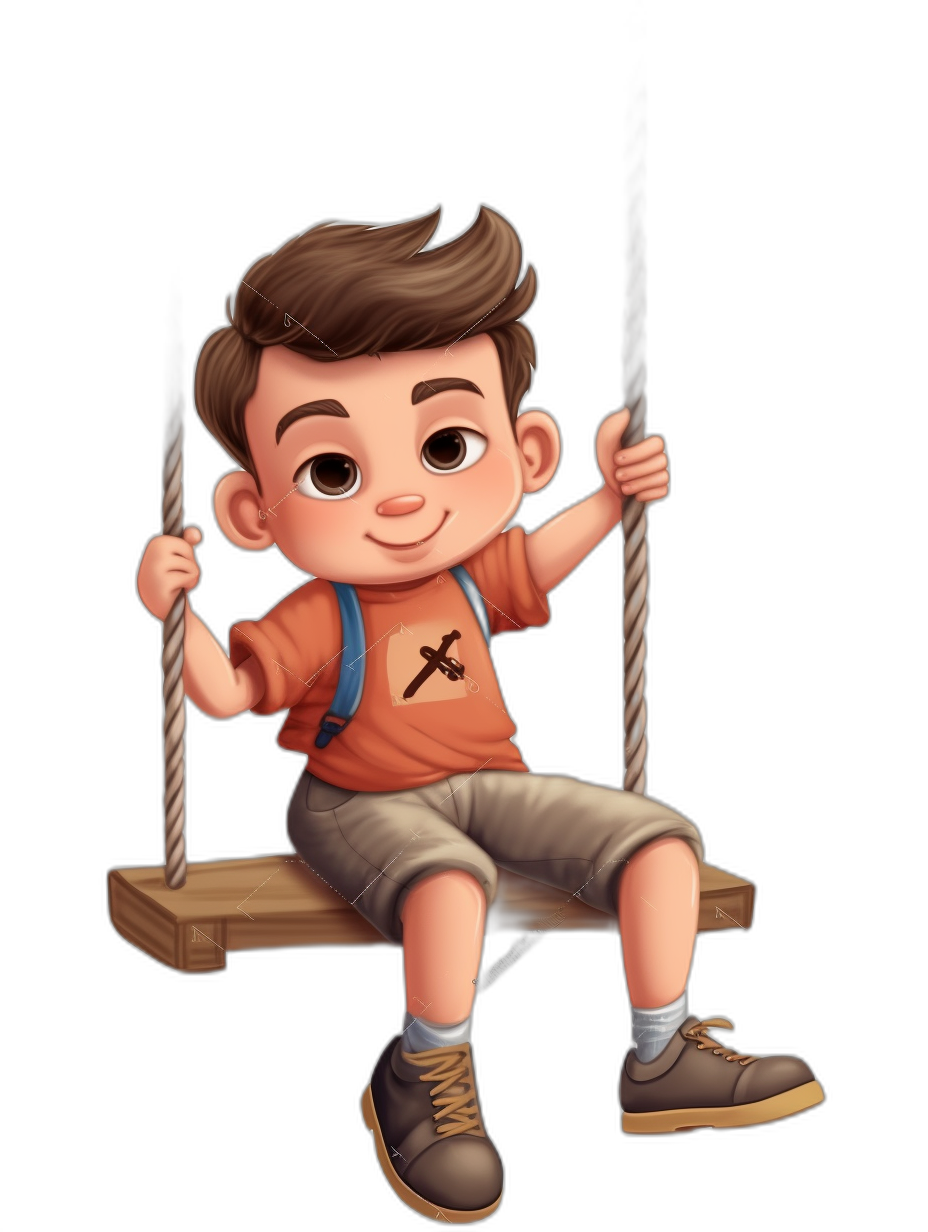 A cute cartoon boy sitting on the swing, wearing an orange t-shirt and gray shorts with white socks and black shoes. He has big eyes, brown hair, and a small cross necklace. He is isolated in a pure black background, in the style of Pixar.