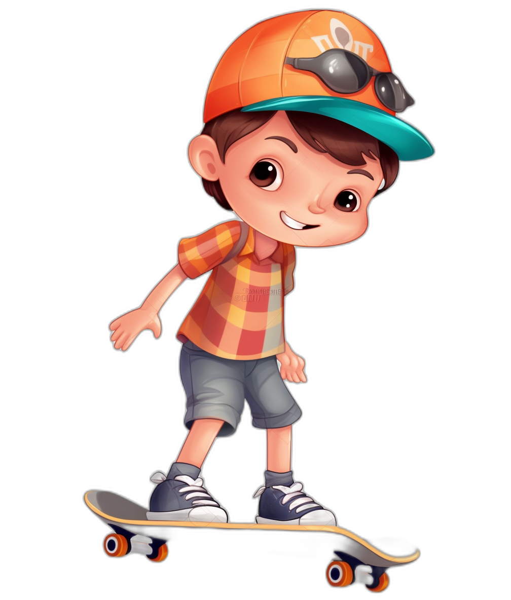 Cute cartoon boy with an orange cap and sunglasses, standing on a skateboard in a full body shot. The character design is in the style of Pixar with a colorful outfit on a black background. The 2D game art design is a vector illustration with high resolution, detail, definition and sharpness. The image has high contrast and color saturation due to the cartoon design.