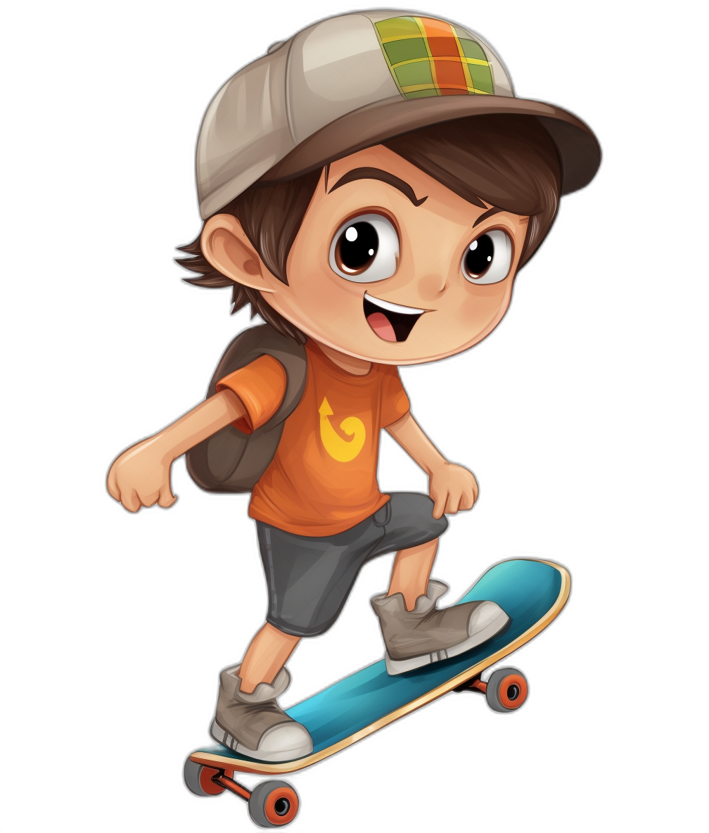 A cartoon boy with brown hair and wearing a cap is riding on his skateboard against an isolated black background, in the style of a colorful caricature.