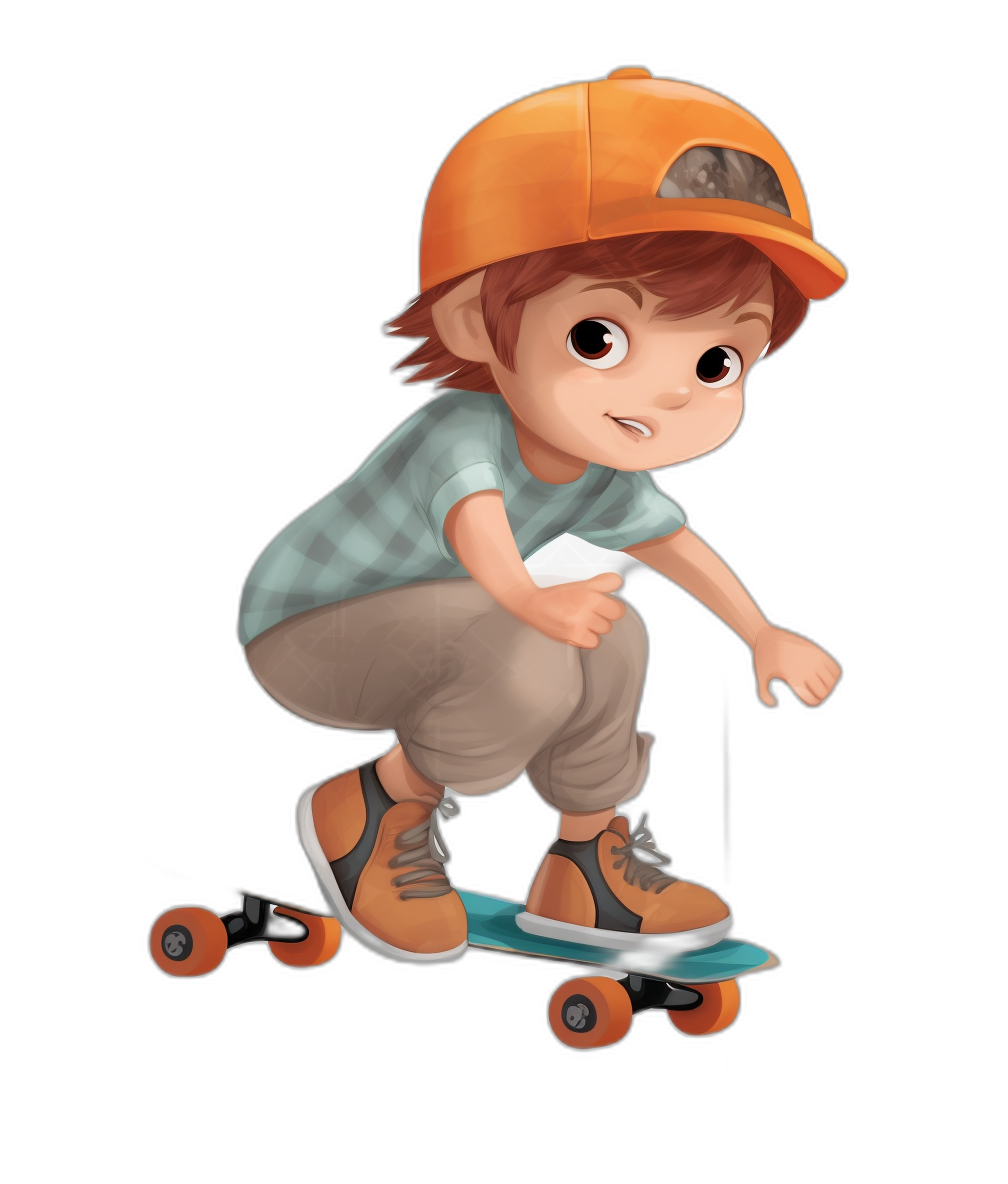A cute cartoon of a boy with an orange cap skateboarding on a black background, in the style of Pixar.