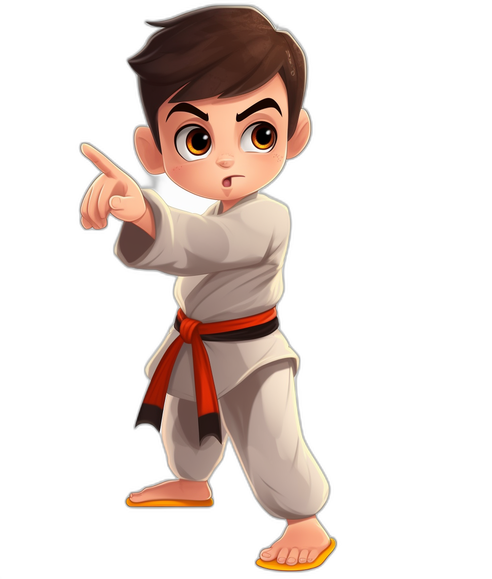 cartoon style drawing of young boy with brown hair in karate outfit, pointing at the viewer, black background, 2d cartoon game artstyle