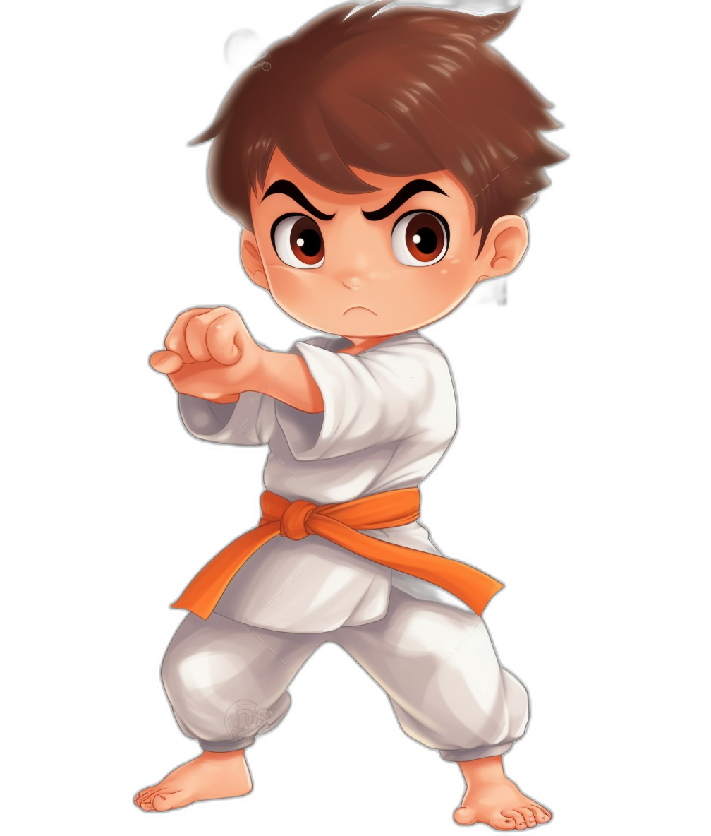 Create an illustration of karate boy character in chibi style, with brown hair and eyes, wearing white gi outfit with orange belt. He is striking fighting pose on black background. The overall mood should be playful and cute. Cartoonish design with bold lines and vibrant colors suitable for children’s book illustrations or game art. Ensure that the characters have distinct features like big ears and expressive facial expressions to emphasize their cartoon-like nature.