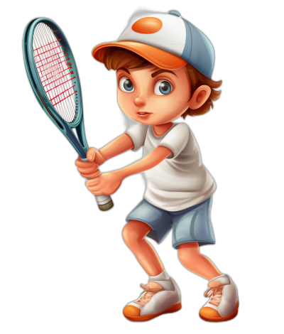 A young boy playing tennis in a cartoon style illustration for a children's book. The full body drawing shows him wearing a white t-shirt and blue shorts with orange shoes, and a baseball cap on his head. He is holding a tennis racket in his right hand against an isolated black background, in the style of Pixar.