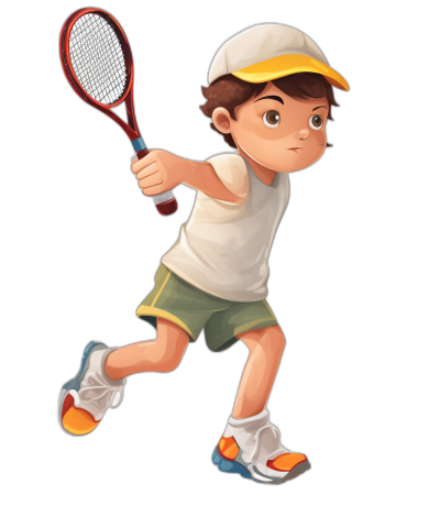 boy playing tennis, vector illustration for children's book on a black background, full body, wearing a white cap and t-shirt with green shorts and orange shoes, holding a racket in his right hand, in the style of Pixar animation, full color without outlines.