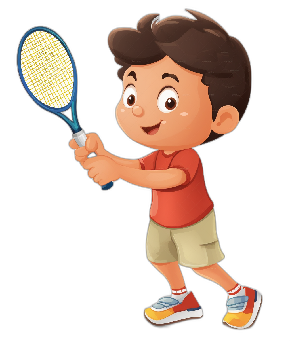 cartoon boy playing tennis, vector illustration for kids book on white background with black outline, in the style of cartoon style, happy face expression, wearing a red tshirt and shorts shoes holding a racket isolated on transparent png cutout clipart. Isolated on a clean black background