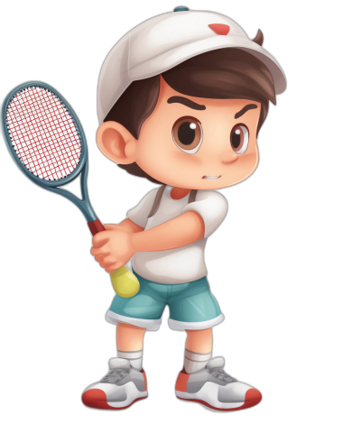 A cute little boy is playing tennis, wearing a white short-sleeved shirt and blue shorts with sneakers on his feet, holding the racket in both hands. He has brown hair and is dressed in an all-white baseball cap. The illustration style should be cartoonish and colorful, suitable for children's book illustrations. The background is black.