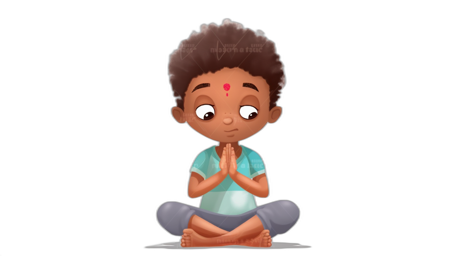 A cute Indian boy doing yoga in a simple flat vector illustration with a black background in the 2D animation style. The cute and adorable face and hands are wearing a t-shirt in a full body portrait front view sitting on the floor in an Indian studio doing a lotus position yoga pose. It is a cartoon character design sheet with a hand drawn illustration and a simple color scheme in high resolution, in the style of an Indian studio.