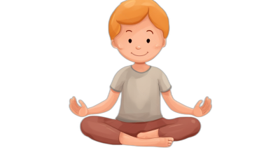 A cute little boy is sitting in the lotus position in a cartoon style vector illustration with a black background. He has blonde hair and wears simple . The character should have an expression of calmness on his face as he meditates. His hands form a mudra gesture near his head to symbolize focus during meditation. A serene smile reflects inner peace while doing a yoga pose.