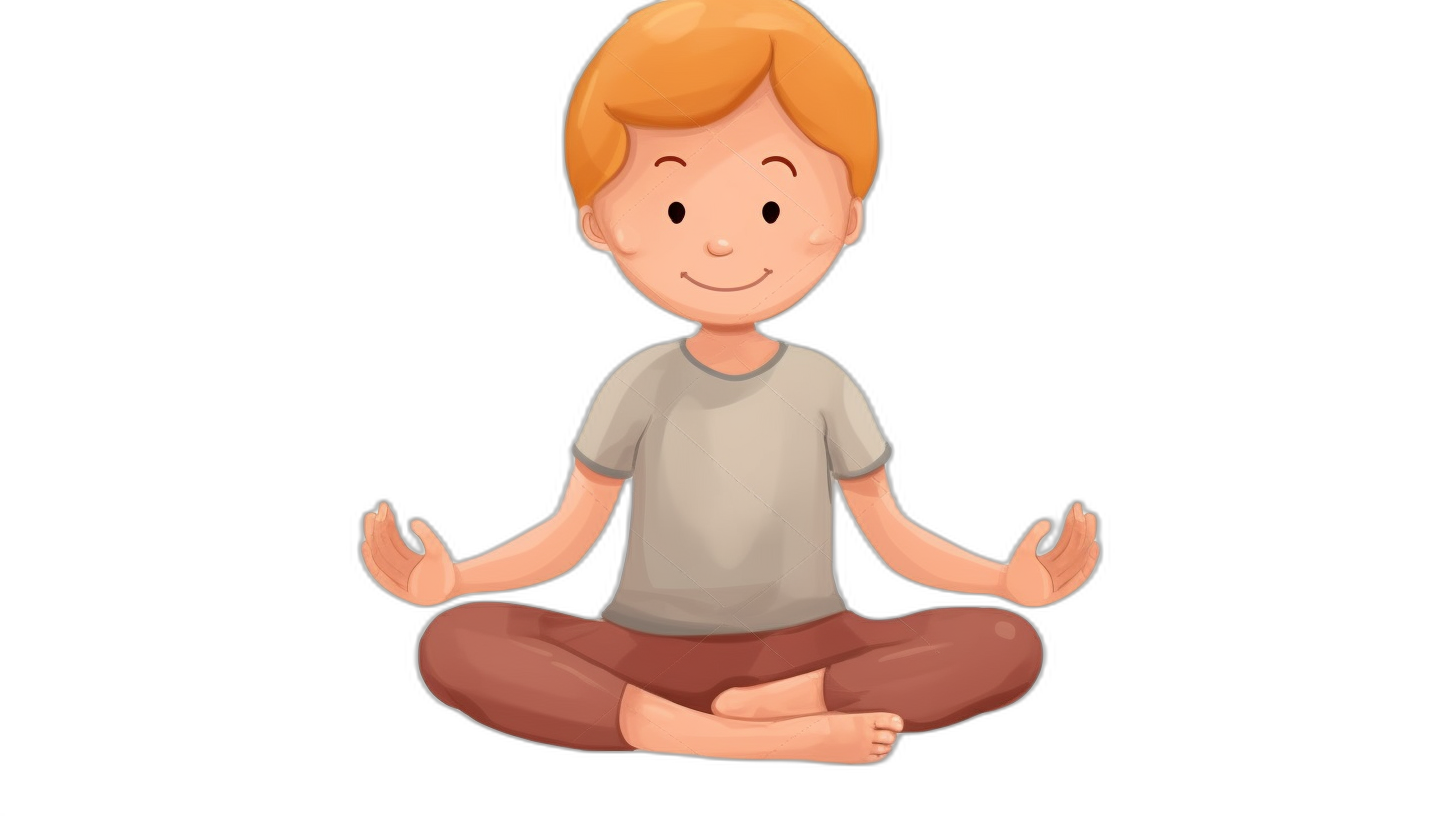 A cute little boy is sitting in the lotus position in a cartoon style vector illustration with a black background. He has blonde hair and wears simple . The character should have an expression of calmness on his face as he meditates. His hands form a mudra gesture near his head to symbolize focus during meditation. A serene smile reflects inner peace while doing a yoga pose.