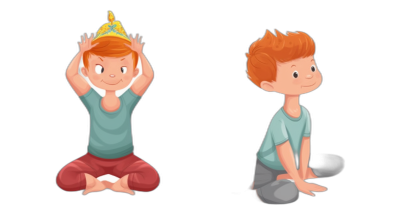 Cute cartoon character of two boys doing yoga poses, one is sitting on the floor with his hands behind head and wearing crown, another boy standing in T pose, both have ginger hair, simple illustration, flat design, isolated black background,