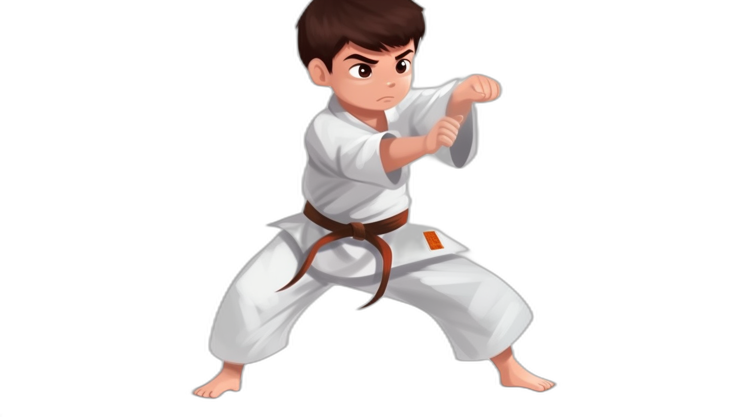 An anime-style illustration of a young boy doing karate. He is wearing white with a brown belt and has dark chestnut colored hair. He should be in a fighting stance on a black background. The style will be in the style of Japanese animation, with vibrant colors and exaggerated features typical for anime characters. Focus on capturing movement, energy, and facial expressions to convey character.