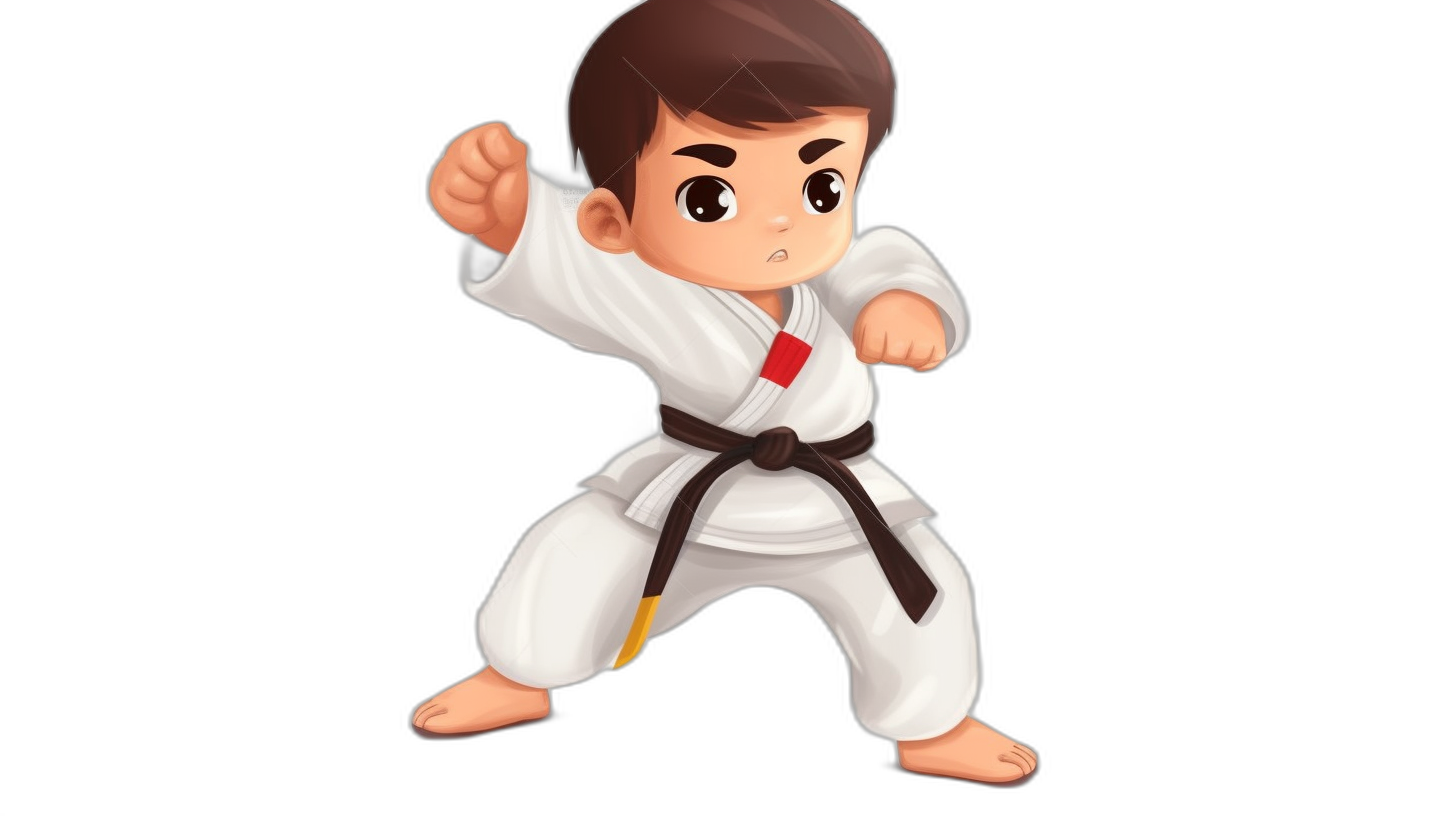 A cute cartoon avatar of an Asian boy in white karate attire, with brown hair and a black belt ready to fight on the stage. Black background, flat illustration style, simple shape design, full body portrait, front view angle, high resolution. The expression is focused and determined. The illustration is in the style of a simple flat design.