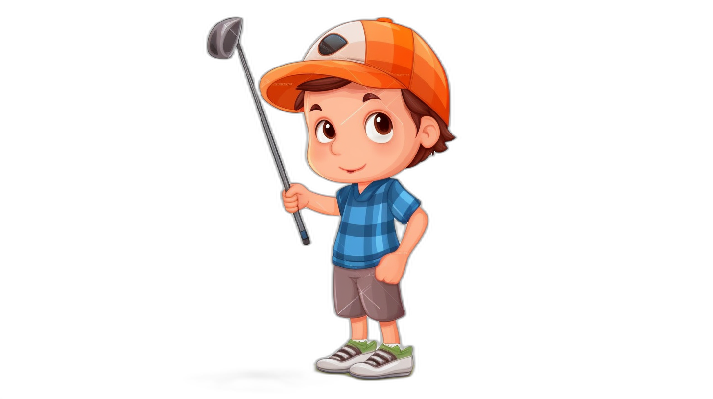 Cartoon boy holding a golf club, with simple facial expressions and movements, on a black background, in the cartoon character design style, colorful animation stills, in the style of Qinyuan Chou, with solid color blocks, high quality photo realistic characters in the style of Pixar, solid colors, cute little children wearing baseball caps, with cartoonish lines, 3D rendering, a full body portrait, with studio lighting, high resolution