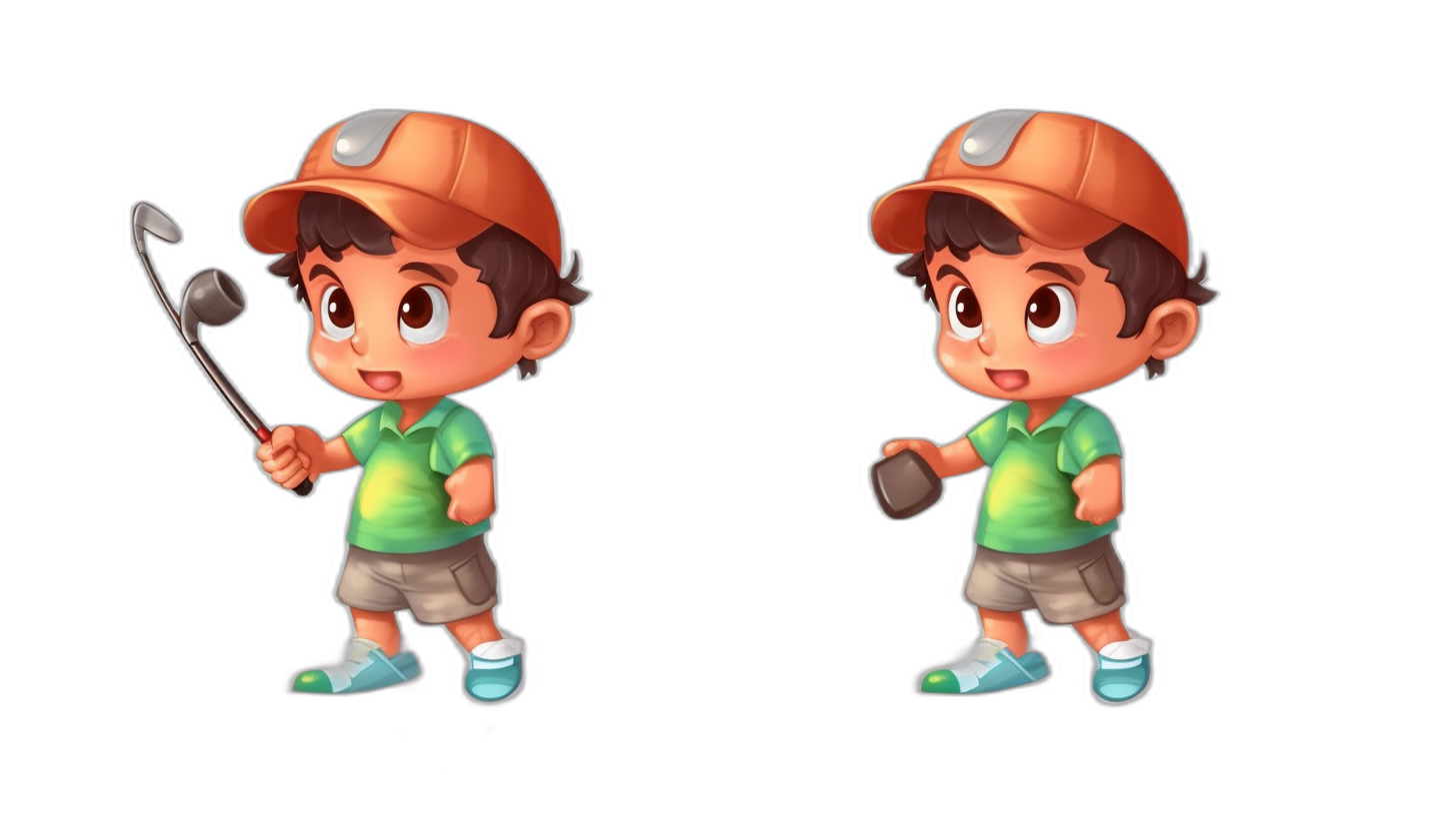 A cute little boy character, wearing an orange cap and green t-shirt with white shorts holding a golf club in his hand, different angles of poses, spritesheet, black background, Pixar style cartoon illustration, 3D game concept art, full body, character design sheet.