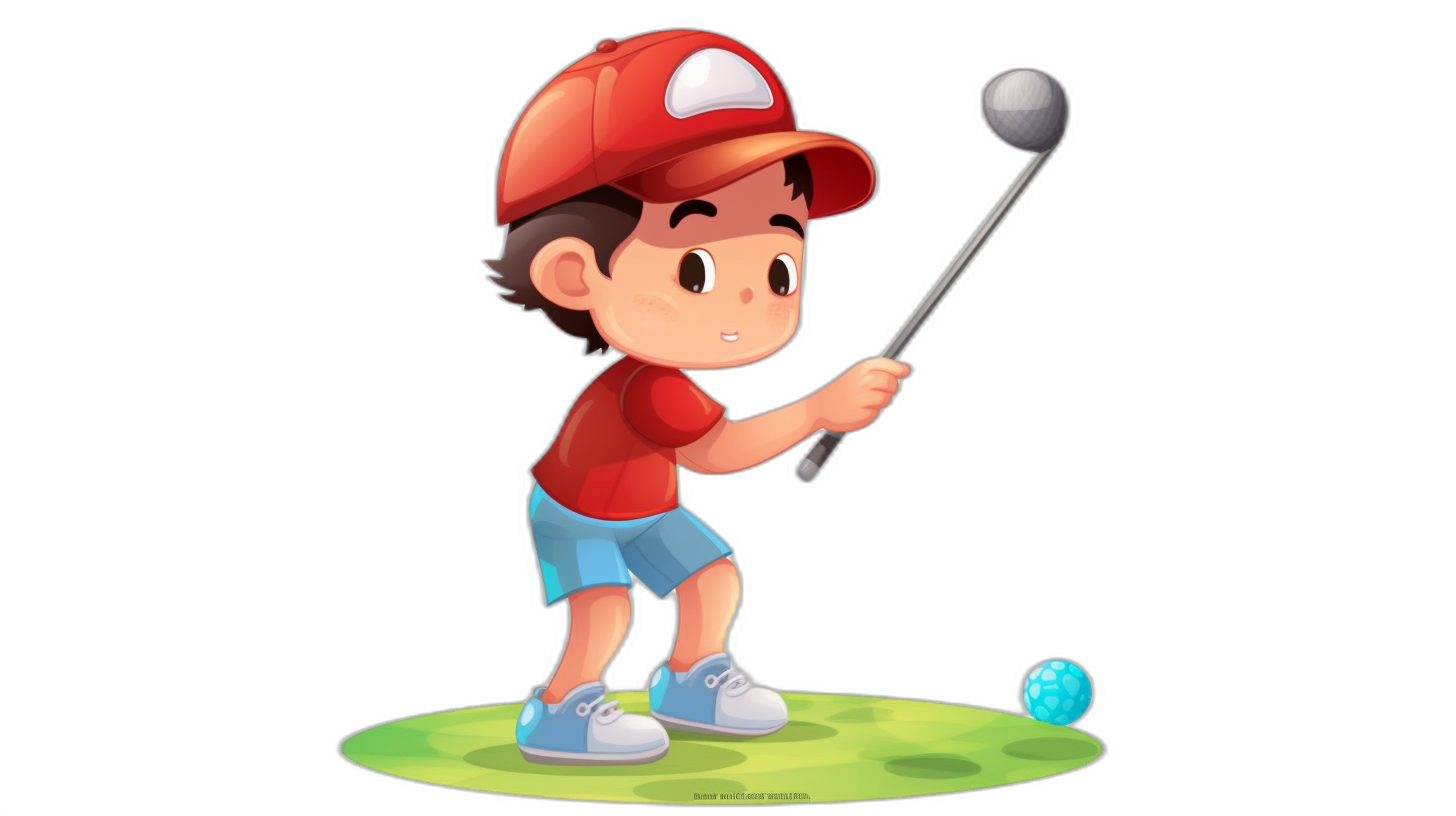 A cute cartoon boy playing golf in the style of a simple flat style illustration against a black background with simple lines in a full body shot, the character design could be used for children’s book illustrations. He is wearing a red cap and blue shorts, holding the club with both hands as he hits the ball in a simple design with full color, high resolution, high detail, and high quality.