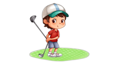 A cute cartoon boy playing golf with a simple background. The game character design is in the style of Japanese anime with a full body shot. It is a 2D flat illustration in black and white with a solid color background. The details are simple with simple lines and high saturation. The boy is at a 30 degree angle holding a club in his right hand. He wears a red shirt with a blue cap and green short pants.