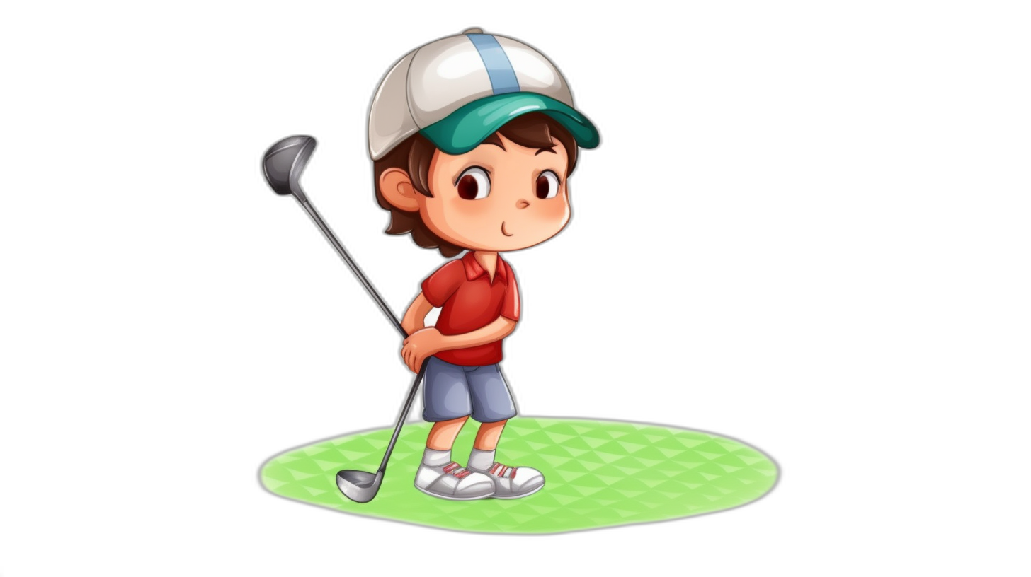 A cute cartoon boy playing golf with a simple background. The game character design is in the style of Japanese anime with a full body shot. It is a 2D flat illustration in black and white with a solid color background. The details are simple with simple lines and high saturation. The boy is at a 30 degree angle holding a club in his right hand. He wears a red shirt with a blue cap and green short pants.