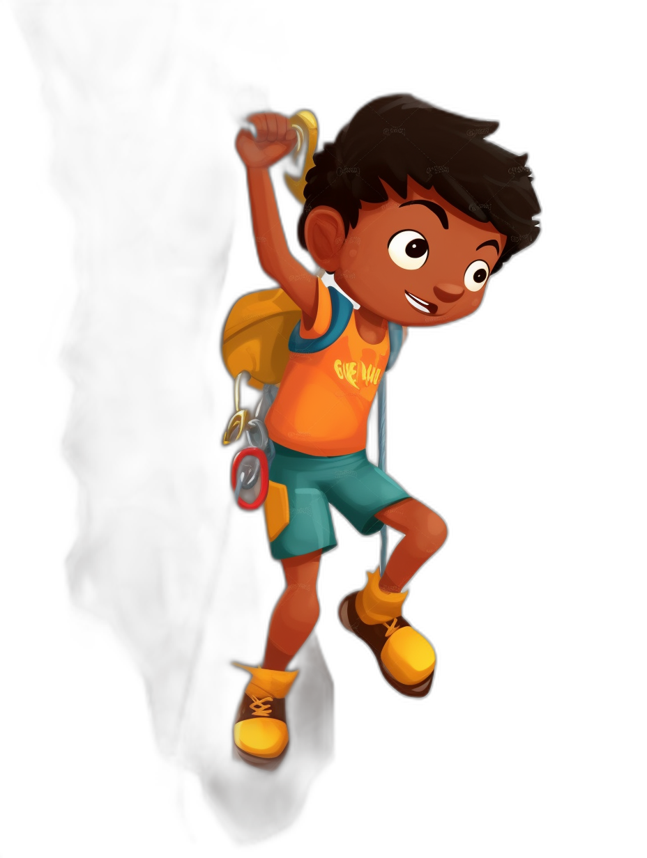 A cartoon character of an Indian boy in his late teens, with short hair and wearing shorts and a t-shirt is holding on to the top rope while climbing up a wall using a small yellow rope from one hand. He has black shoes on. The background color should be dark blue. His expression looks focused but happy. In the style of Pixar art.