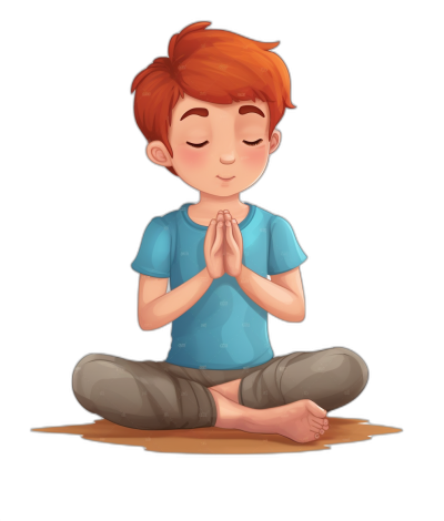 cartoon illustration of a cute little boy with red hair doing yoga, sitting on the floor in a lotus position with his hands together in prayer, on a simple black background, a full body portrait in a flat color style with simple lines in a vector art style. The cartoon character design is suitable for children's book illustrations presented at high resolution with a digital airbrushing technique providing high detail and sharp focus as if under studio lighting.