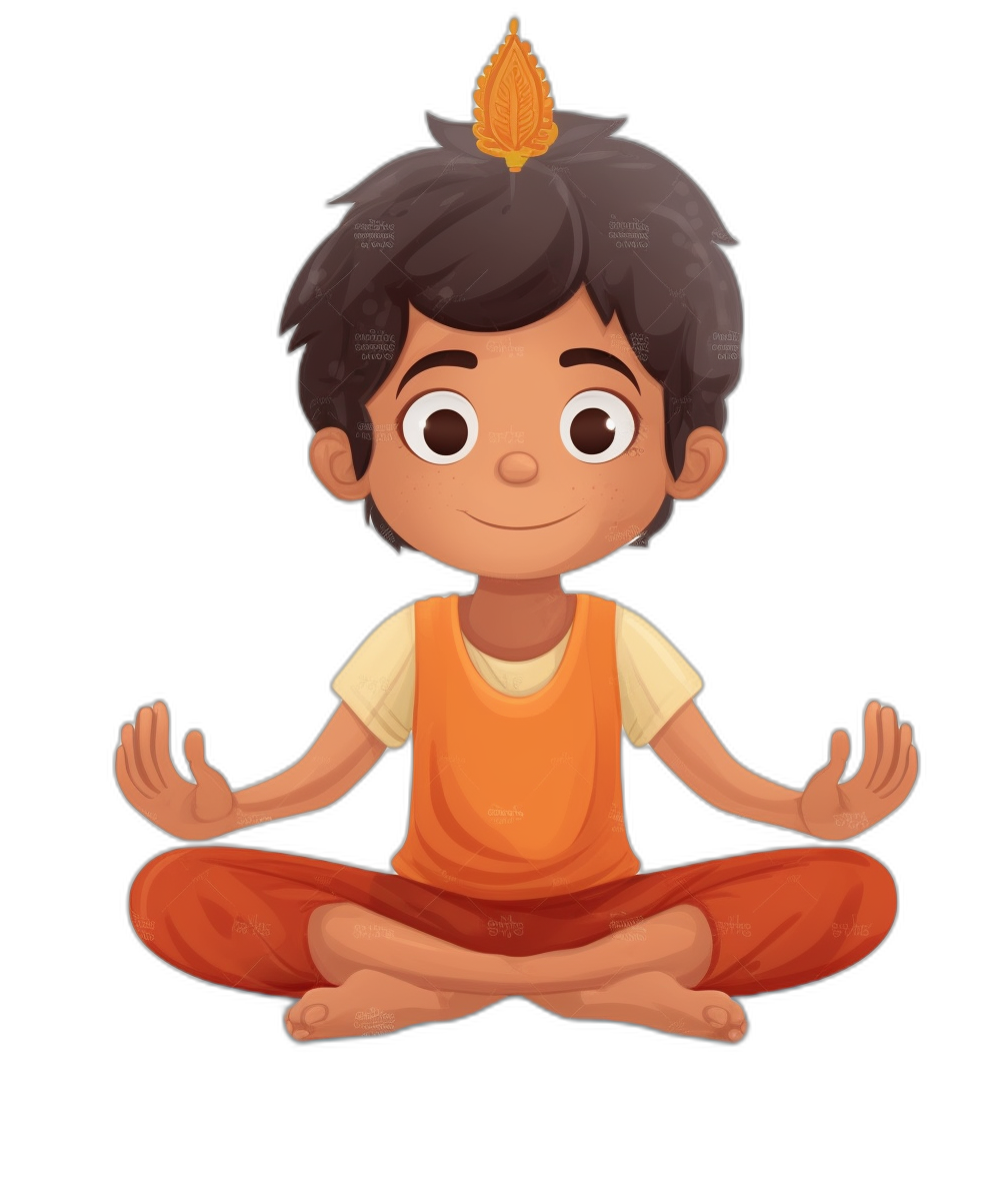 A cute little boy doing yoga in the style of a cartoon with a flat design. A simple vector illustration of an Indian male kid sitting in the lotus position and meditating on a black background, wearing an orange t-shirt and brown pants, his hair is tied back into a small curly top knot, he has big eyes looking up at the sky, there is a leaf as his hairstyle. Clipart, PNG, vector graphics, colorful, flat colors, vector art.