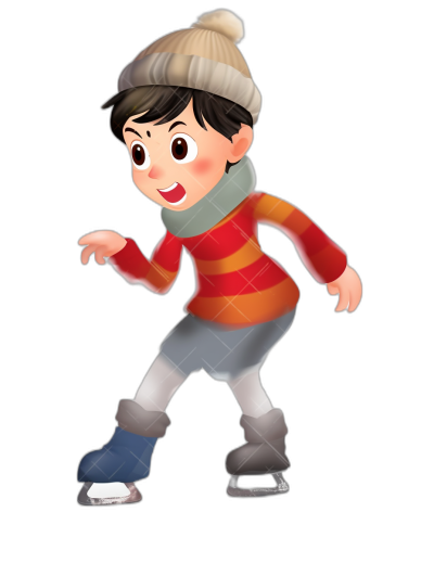 A cartoon character of an Asian boy skating on ice, wearing winter  and hat, full body shot, simple black background, simple style, flat illustration, 2D animation, cartoon style, in the style of Disney Pixar, high resolution, high details, warm colors, white skin tone, black hair. He is smiling happily with his hands outstretched to the side, wearing skates on both feet. The left hand holds onto one foot while holding it up in front of him. It has three fingers pointing towards the top. His head is tilted back.