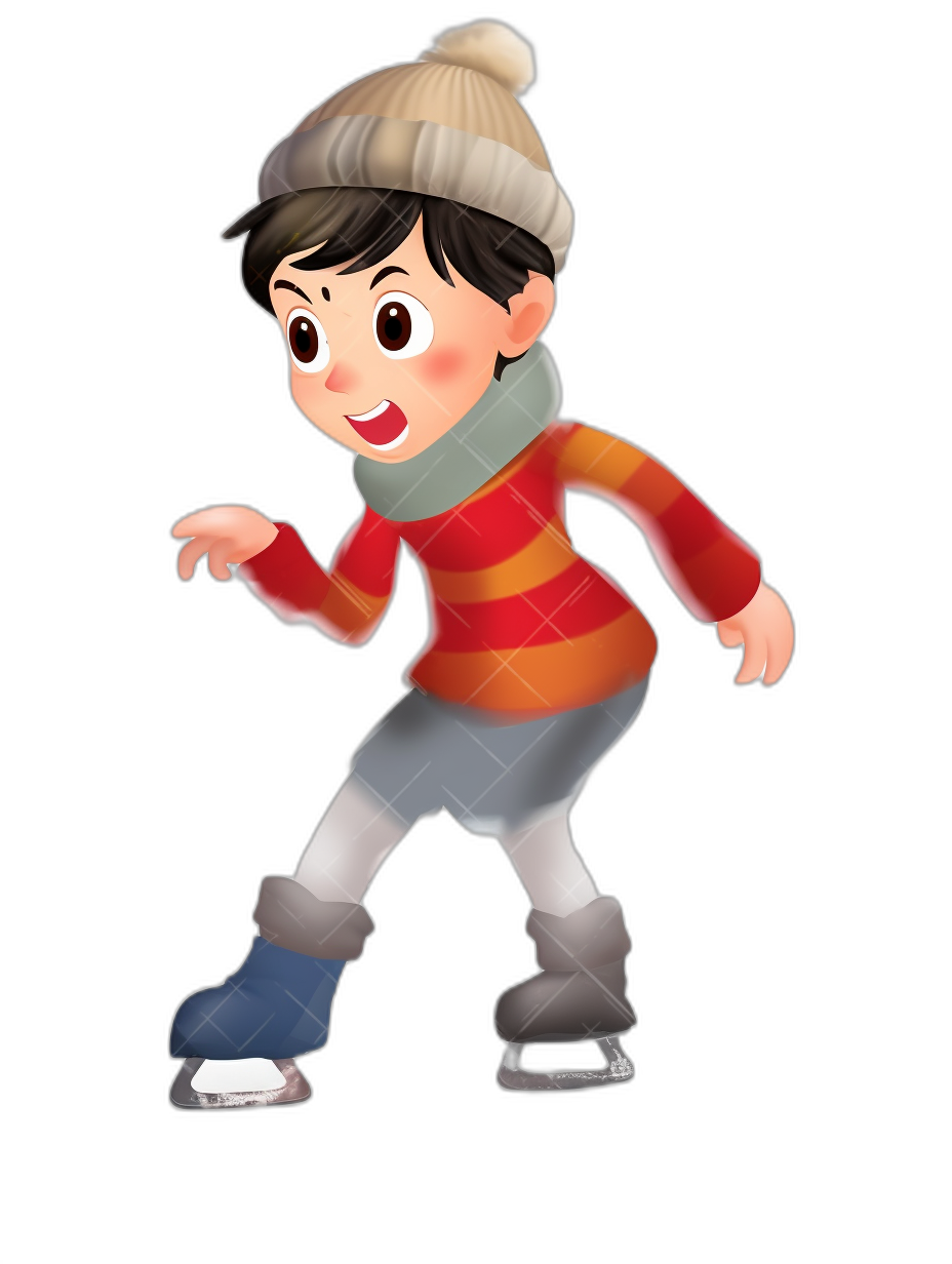 A cartoon character of an Asian boy skating on ice, wearing winter  and hat, full body shot, simple black background, simple style, flat illustration, 2D animation, cartoon style, in the style of Disney Pixar, high resolution, high details, warm colors, white skin tone, black hair. He is smiling happily with his hands outstretched to the side, wearing skates on both feet. The left hand holds onto one foot while holding it up in front of him. It has three fingers pointing towards the top. His head is tilted back.