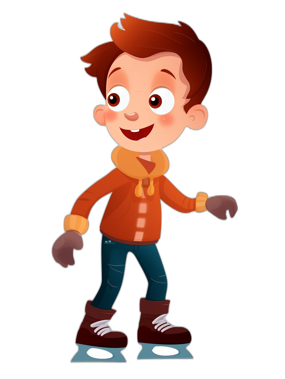 A cute cartoon boy ice skating. The illustration has a simple flat style with a black background and solid color . The facial expressions and hands are simple. It is a full body shot, wearing dark blue jeans, brown boots on his feet, and an orange jacket. The boy has medium length hair and the colors are bright with simple shapes. It has a 2D effect with no shadows. The black background. The style is similar to Pixar.