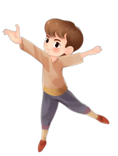 Cute cartoon vector style drawing of a young boy with brown hair, wearing pants and shirt doing ballet on a black background, full body shot, high resolution, high quality, high detail, in the style of professional digital art.