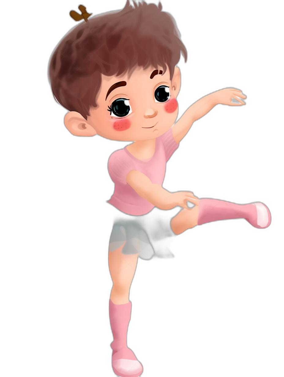 A cute little boy is dancing ballet, wearing pink tights and black shorts on his lower body. He has short brown hair with bangs hanging down slightly. The background of the cartoon character illustration should be pure white. His hand is extended to make an exaggerated pose, while he is smiling happily.