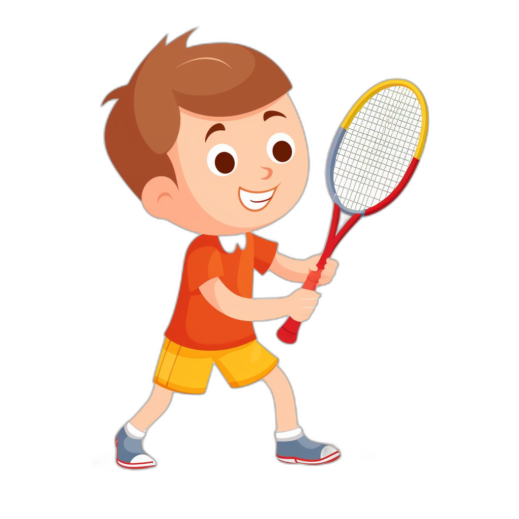 A cute boy playing tennis in a simple, flat illustration style with a black background and white border around the edges of his body. He is wearing an orange short-sleeved t-shirt, yellow shorts, and gray shoes, holding a red racket in his right hand with a smiling facial expression. The cartoon character design has bold outlines with vector graphics and a colorful palette in a high resolution with clear details. The  colors theme has no text, letters, or shadows in the picture, in the style of no specific artist.