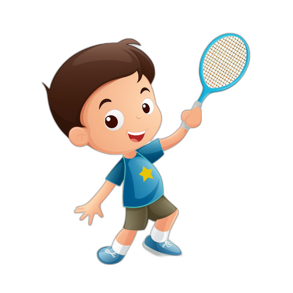 A boy playing badminton, vector illustration style, simple and cute cartoon character design with a black background. He is wearing a blue T-shirt, shorts, and sports shoes on his feet, holding the racket in one hand to hit the shuttlecock up into the air. The overall color scheme of his dark brown hair should have a bright yellow star embellishment. This adorable little prince has an innocent smile as he skillfully plays badminton, focusing on facial expressions and movements in a flat illustration style.