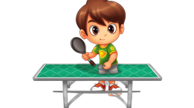 A cartoon boy playing table tennis, holding the bat and racket in his hand, standing on top of an indoor green sports table with black background. The character is designed to have short brown hair, wearing sportswear, and facing forward. He has big eyes and looks very cute.,in style of chibi ,flat illustration，high detail ， high resolution ,full body portrait