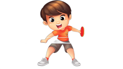 A cute happy boy playing table tennis in the style of Pixar animation with a black background wearing an orange t-shirt and grey shorts and white shoes and holding a red Frisbee-inspired paddle.