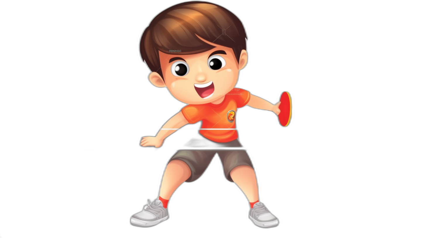 A cute happy boy playing table tennis in the style of Pixar animation with a black background wearing an orange t-shirt and grey shorts and white shoes and holding a red Frisbee-inspired paddle.