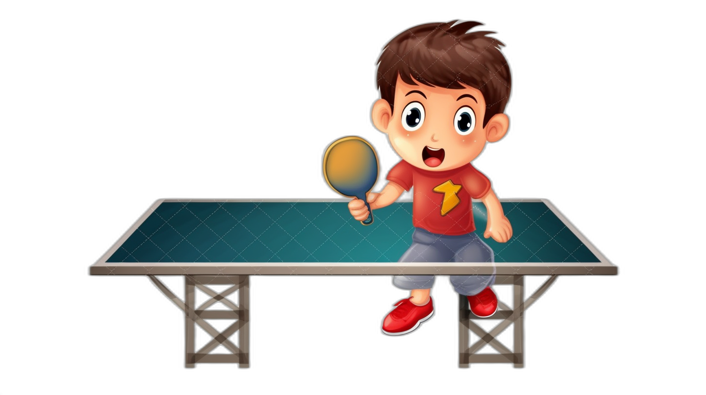 A cartoon boy playing table tennis, holding the racket in his hand and standing on top of an iron blue rectangular mini sports dining table with white legs. The entire scene is presented against a black background, with bright colors and a cute style. It has been designed as a game icon for mobile games, with clear details and high resolution. The boy is depicted in colorful  in the style of a flat illustration with high detail but not 3D rendering.