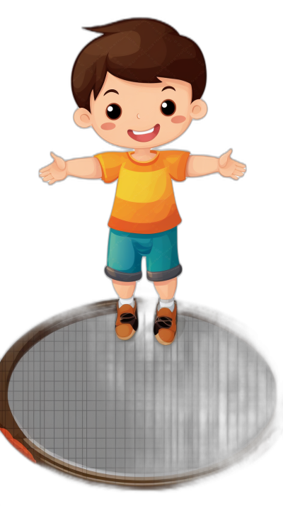 A cute cartoon boy standing on top of the round mat, smiling and looking at you with his hands open in front of him, black background, vector illustration style, simple stroke style, high-definition details, high resolution, bright colors, colorful  wearing an orange T-shirt, blue shorts, brown shoes, full body portrait,