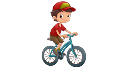 A boy riding his bike, wearing red cap and shorts, simple facial expressions, simple lines, flat style cartoon vector illustration, black background, 2D game art, simple design, high resolution, cute, cute, cute, cute, cartoon character, cute animation style, cute young man, short hair on head, happy face, white paper in hand, blue bicycle frame, green handlebar,,in