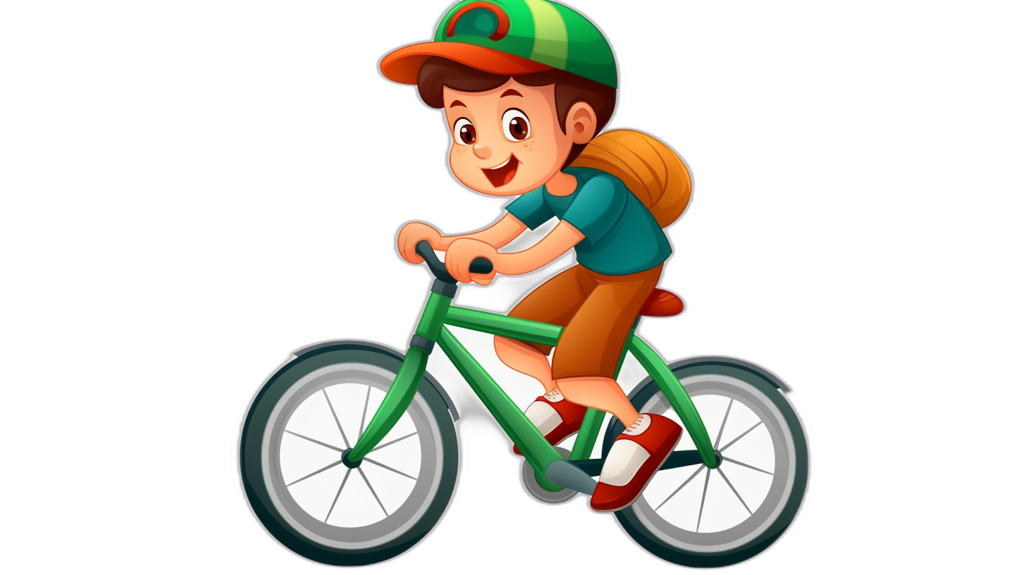 A cute cartoon boy riding a green bike, wearing a cap and short pants, against a black background, in the simple flat illustration style with no outlines, in a full body portrait, in the colorful animation still style. Front view, 32K HD quality, in the style of MFSI, s-750.