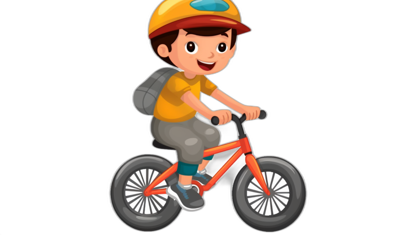 A cute cartoon boy riding an orange bike in a simple, flat illustration style with a black background and white space around the character. The child is wearing gray pants, a yellow shirt, and a blue helmet on his head, smiling brightly while sitting atop the bicycle, which has two large front wheels and one small back wheel. He’s holding onto the handlebar for balance. A backpack hangs from behind him, adding to the sense of adventure in the movement and motion. It should be a vector graphic with a solid color background.